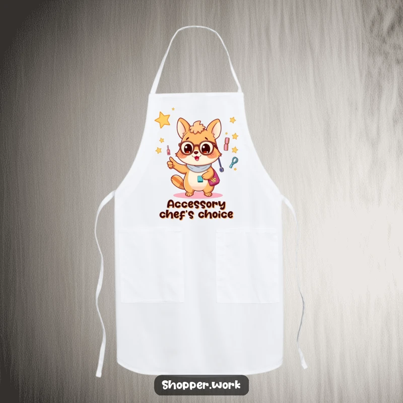 Funny apron depicting a busy animal excitedly pointing at a dazzling display of accessories, perfect for a stylish cook.