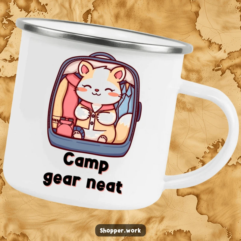Funny camping mug featuring a focused animal carefully packing a garment bag with perfect organization, ideal for travelers.