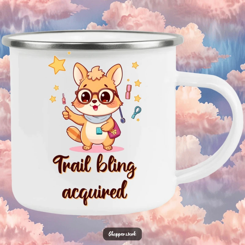 Funny camping mug featuring a busy animal excitedly pointing at a dazzling display of accessories, perfect for outdoor enthusiasts.