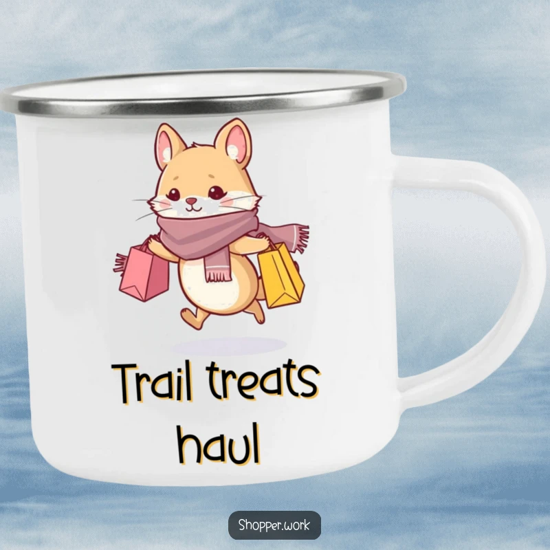 Funny camping mug featuring a whiskered animal in a stylish scarf, dashing with shopping bags, for the fashionable adventurer.