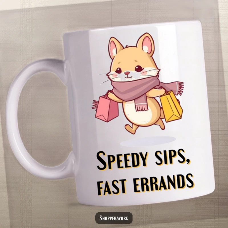 Funny mug featuring a small, whiskered animal in a stylish scarf, happily dashing with shopping bags, conveying chic energy.