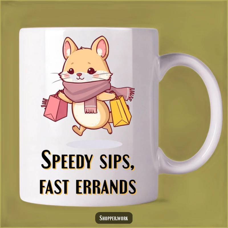 Funny Fashionista Mouse Mug: Whiskered Animal Dashing with Shopping Bags, Funny Gift
