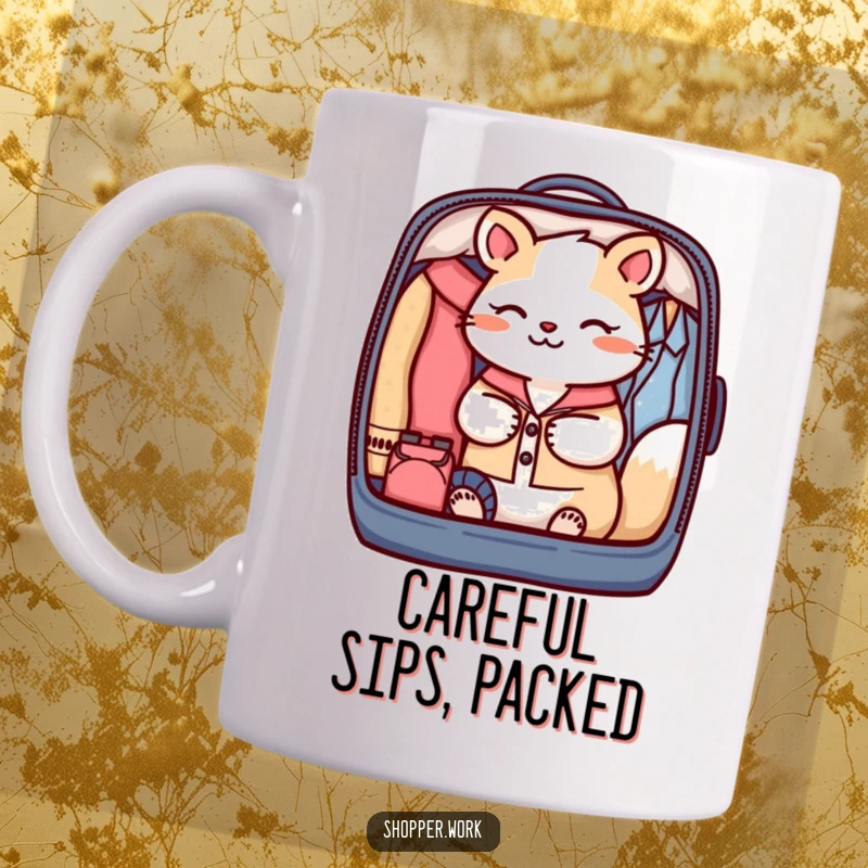 Funny mug featuring a small, focused animal meticulously packing a garment bag with extreme care and organization.