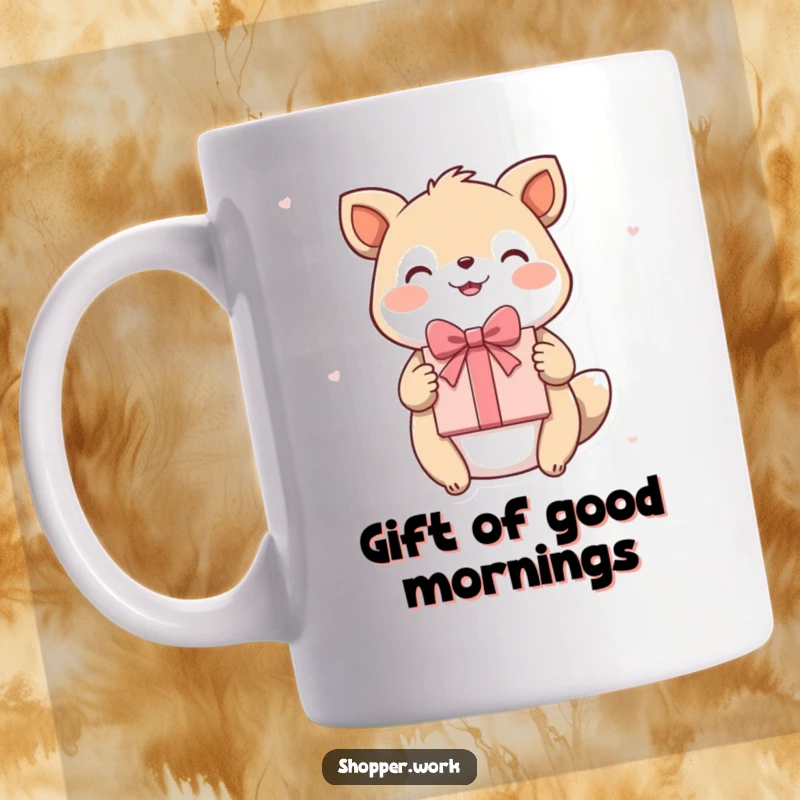 Funny mug featuring a happy, smiling animal proudly presenting a beautifully wrapped gift with a celebratory flourish.