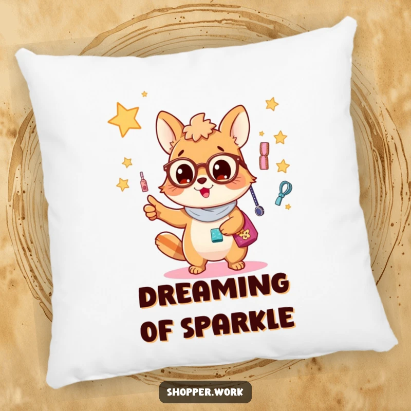 Funny pillow featuring a busy animal enthusiastically pointing at a dazzling, shimmering display of lovely accessories, adding charm.