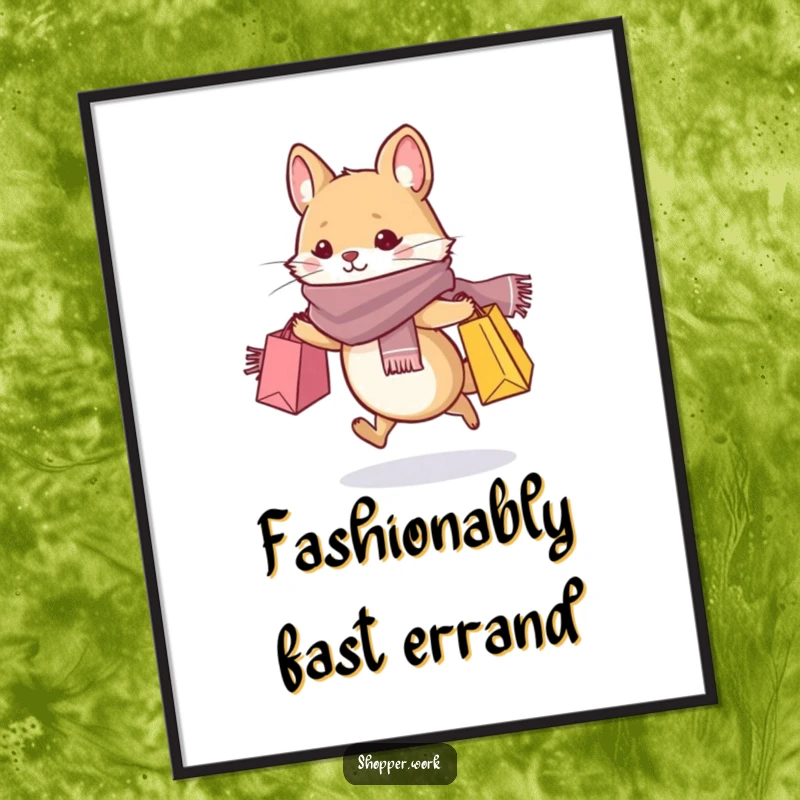 Funny digital art print of a whiskered animal in a stylish scarf, dashing with shopping bags, capturing energetic fashion.