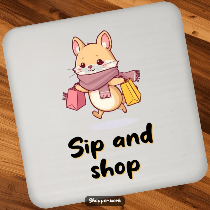 Funny drink coaster with a small, whiskered animal in a stylish scarf, dashing with shopping bags, adding chic humor.
