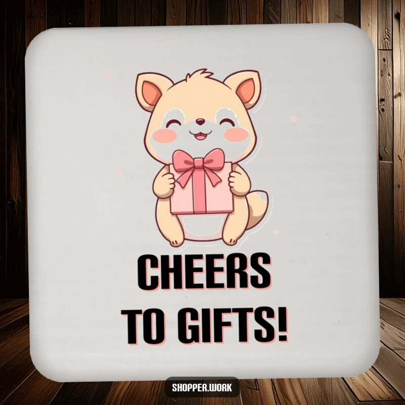 Funny drink coaster with a happy animal presenting a beautifully wrapped gift with a flourish, adding festive humor.