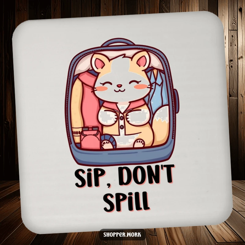 Funny drink coaster with a focused animal meticulously packing a garment bag with perfect organization, adding tidy humor.
