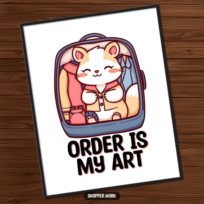 Funny poster art of a focused animal carefully packing a garment bag with perfect organization, conveying a sense of order.
