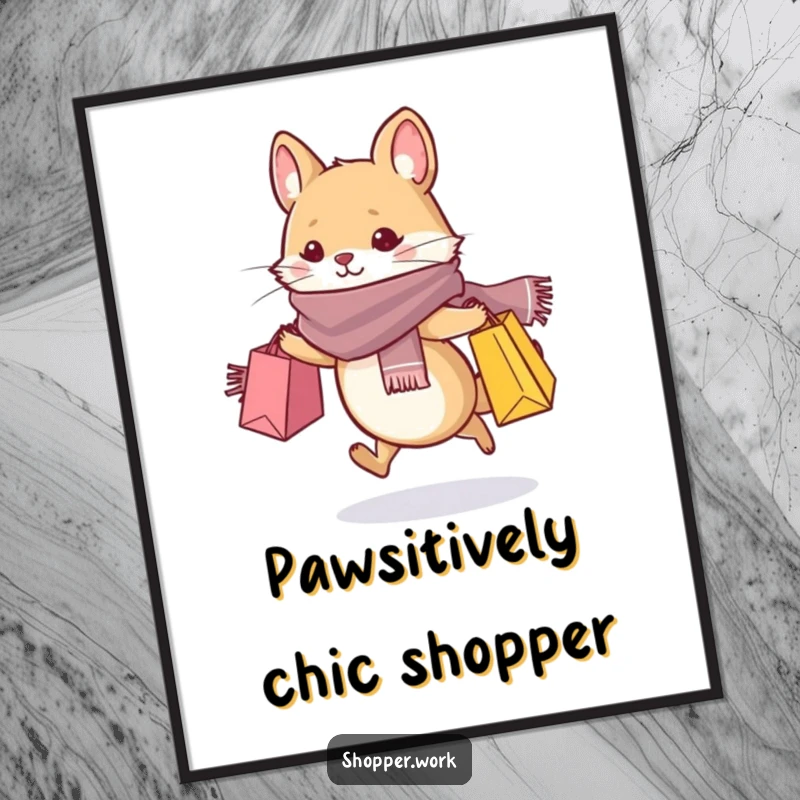 Funny poster art of a whiskered animal in a stylish scarf, dashing with shopping bags, embodying the joy of retail therapy.