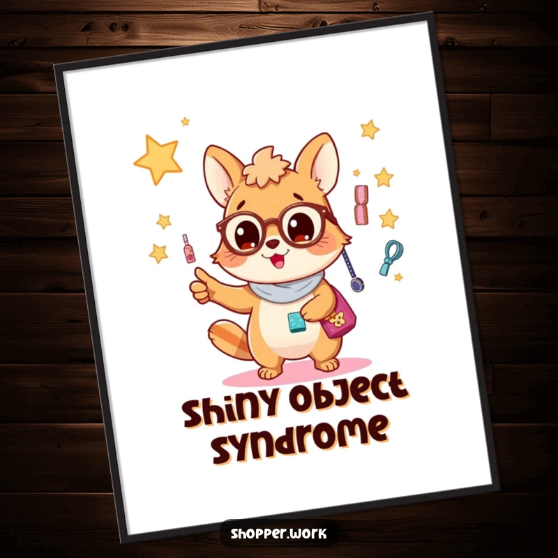 Funny poster art showcasing a busy animal excitedly pointing at a dazzling, vibrant display filled with beautiful and shiny accessories.