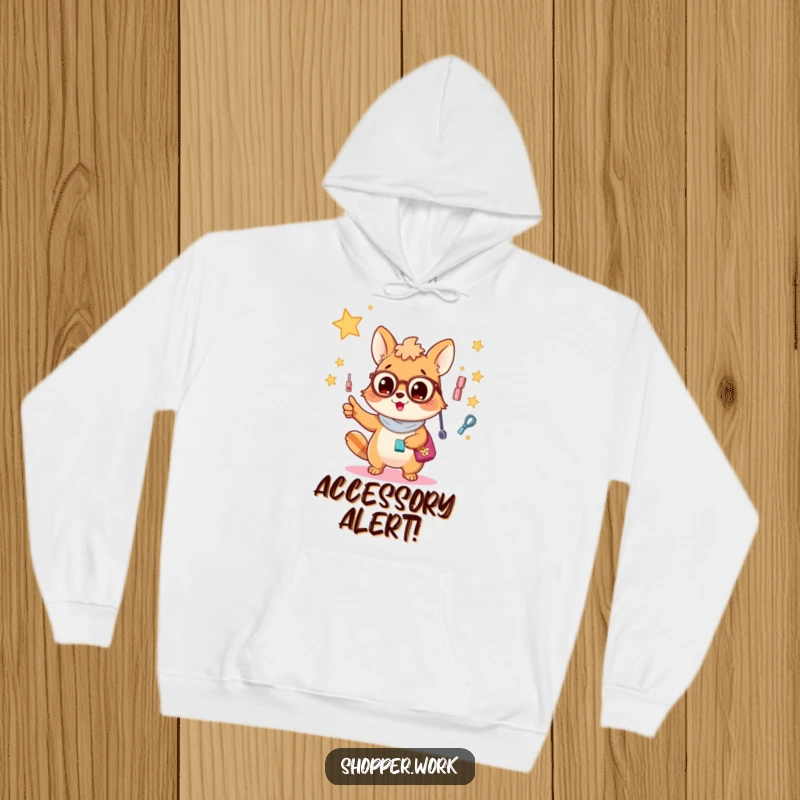 Funny hoodie depicting a busy animal enthusiastically pointing at a spectacular, glittering display of fashion accessories.