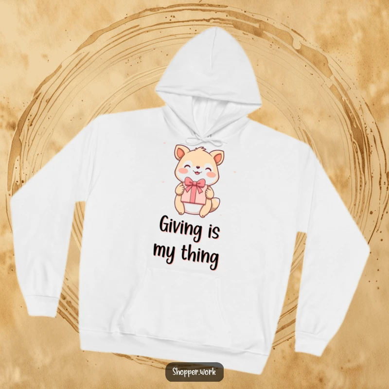 Funny hoodie featuring a happy animal presenting a beautifully wrapped gift with a flourish, radiating warmth and joy.