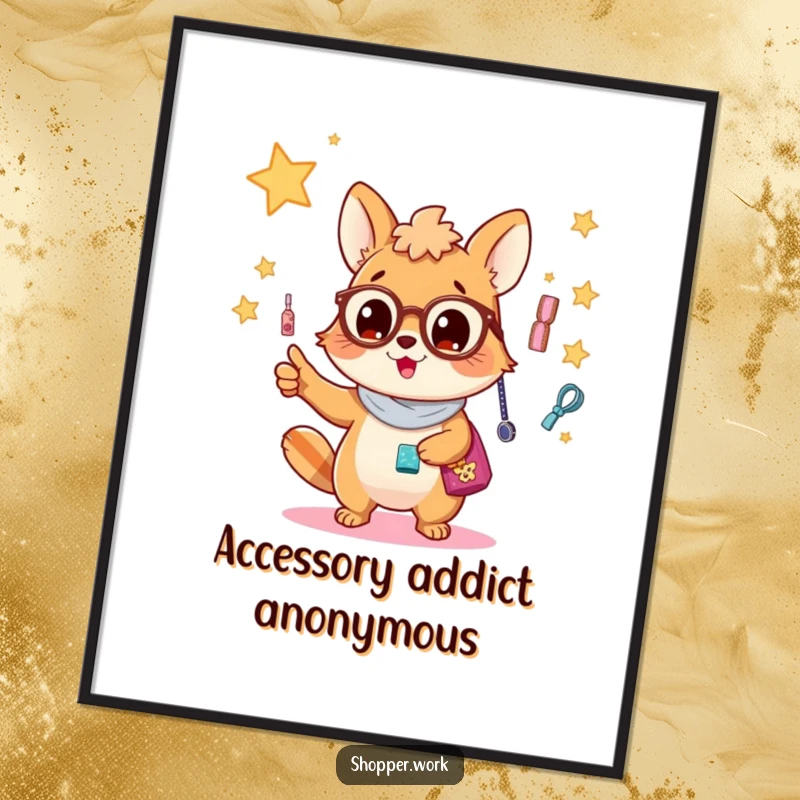 Funny Free Printable Wall Art of a busy animal excitedly pointing towards a dazzling, shimmering display of fashionable accessories.