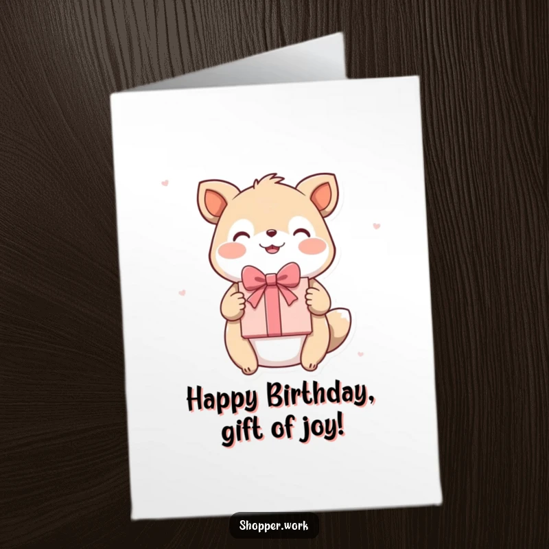 Funny Free Printable Birthday Card showing a happy animal presenting a beautifully wrapped gift with a celebratory flourish.