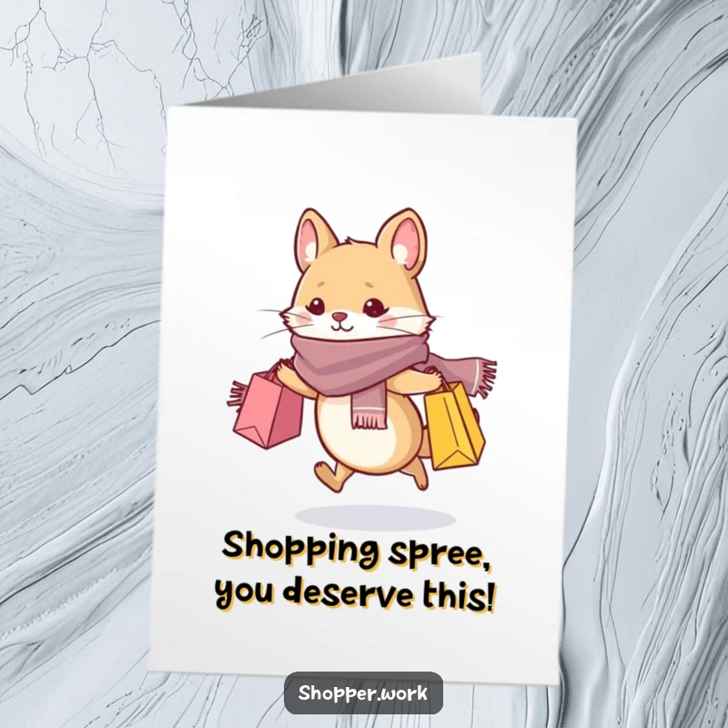 Funny Free Printable Congratulations Card featuring a stylish animal wearing a scarf, happily dashing with shopping bags.