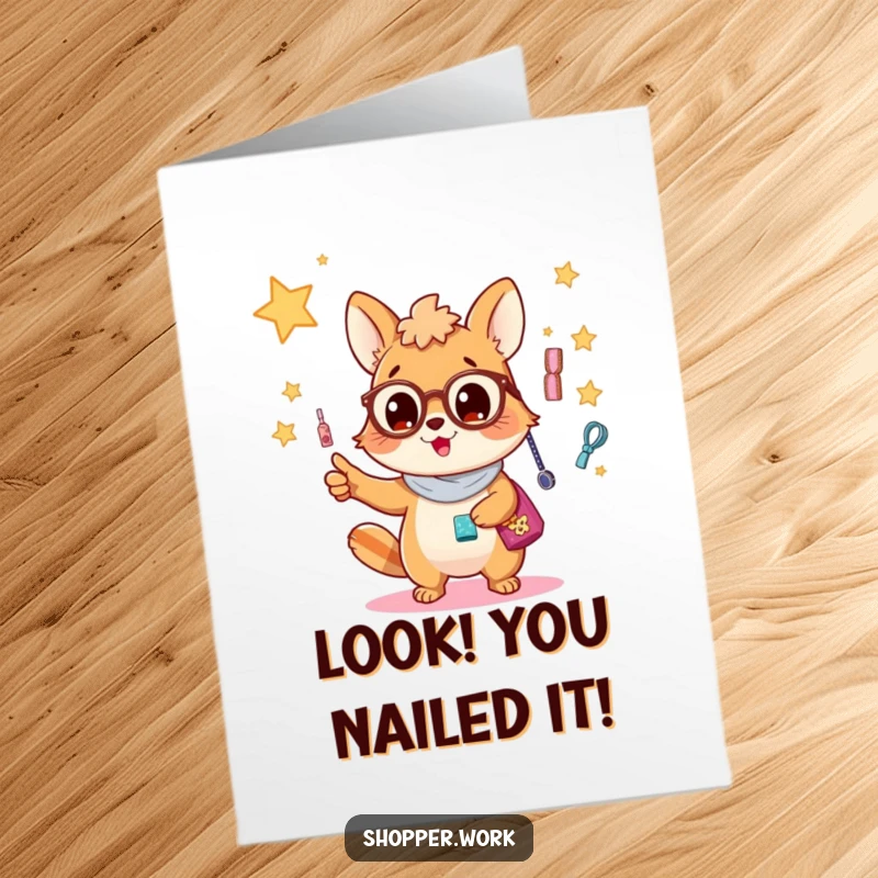 Funny Free Printable Congratulations Card featuring a busy animal pointing with excitement at a glittering collection of accessories.