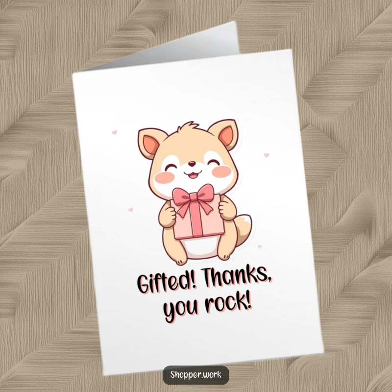 Funny Free Printable Thank You Card of a happy animal presenting a beautifully wrapped gift with a charming flourish.