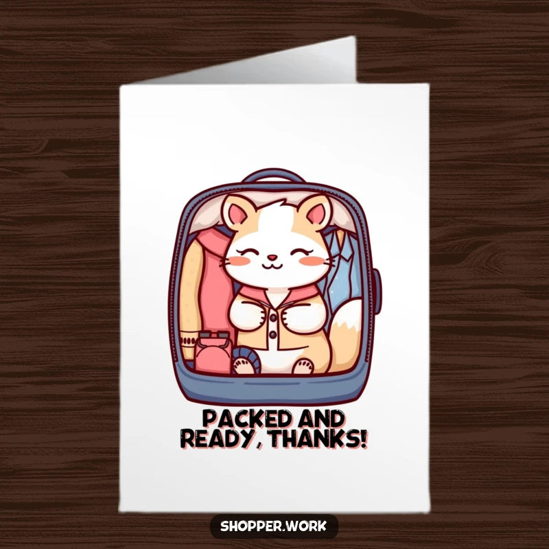 Funny Free Printable Thank You Card of a focused animal carefully placing items into a perfectly organized garment bag.