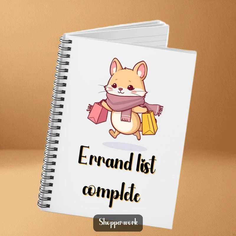 Funny notebook with a small, whiskered animal in a stylish scarf, dashing with shopping bags, perfect for notes and lists.