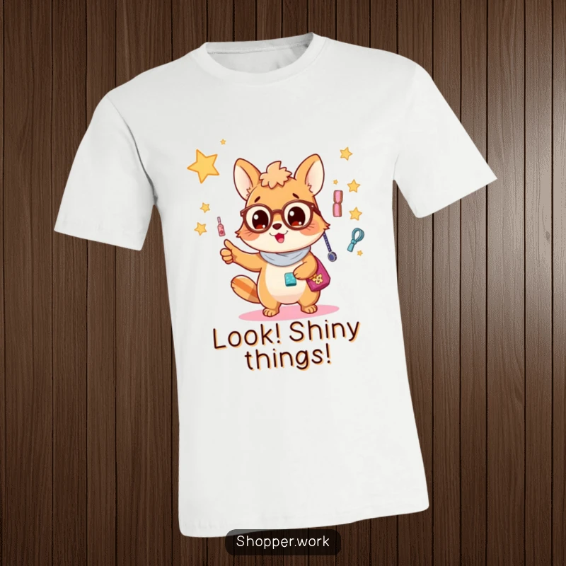 Funny t-shirt featuring a busy animal excitedly pointing towards a dazzling, shimmering display filled with beautiful accessories.