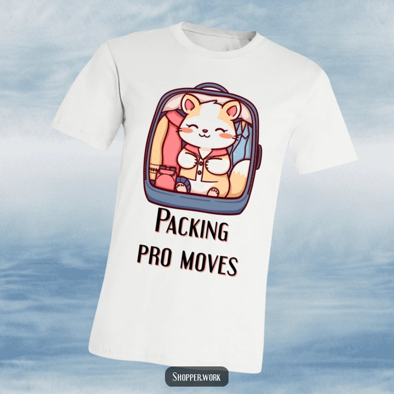 Funny t-shirt depicting a focused animal carefully and perfectly organizing items into a garment bag, showcasing neatness.