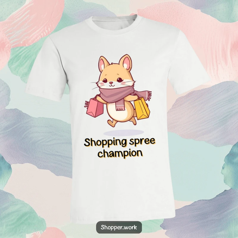 Funny t-shirt displaying a small, whiskered animal wearing a stylish scarf, running energetically with shopping bags, full of fashion.