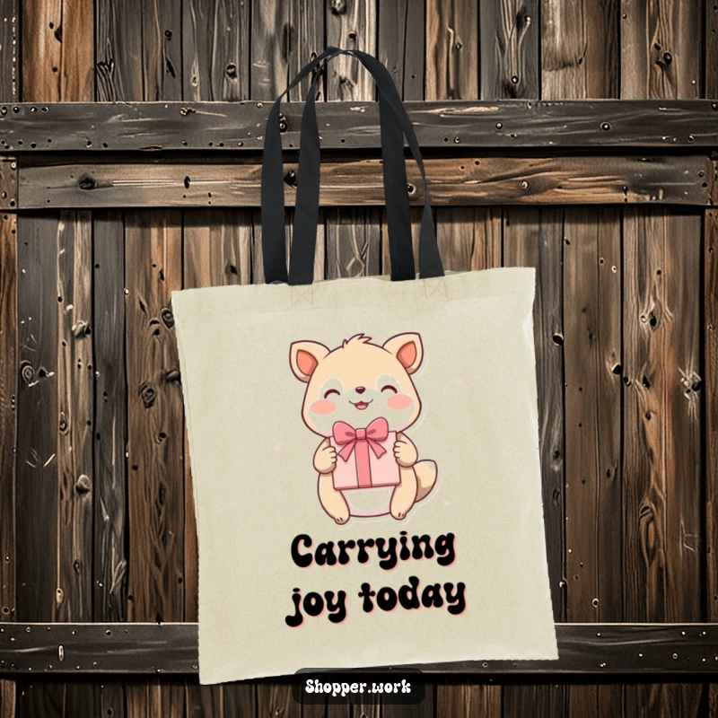 Funny tote bag showing a happy animal proudly presenting a beautifully wrapped gift with a stylish flourish, symbolizing joy.